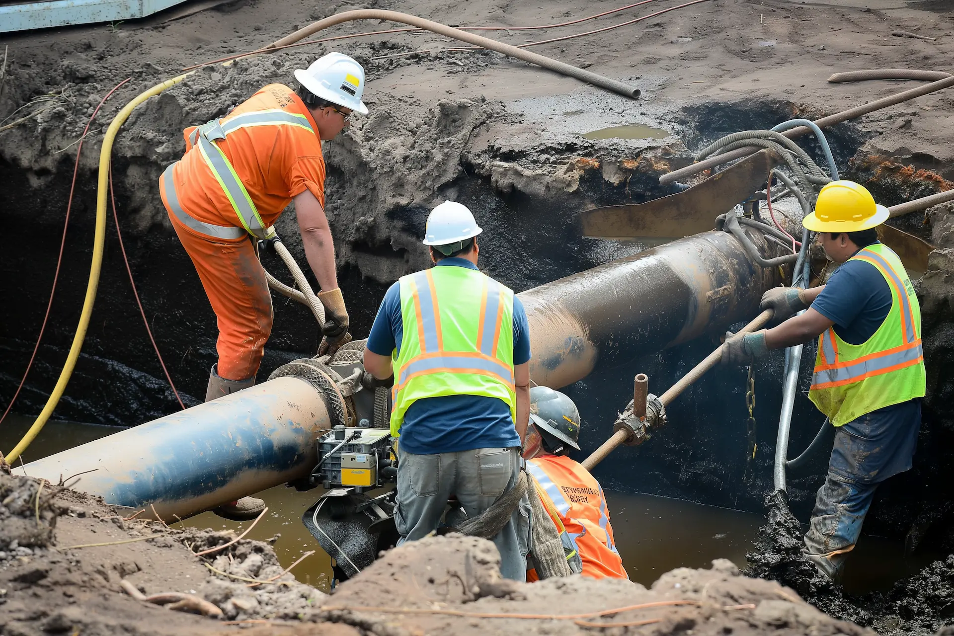 three men in hard hats and safety vests putting pipe in place